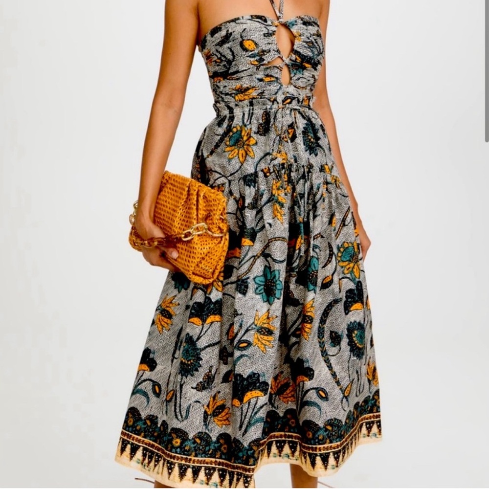 Ulla Johnson Strapless Floral Midi Dress in Black, Yellow & Teal